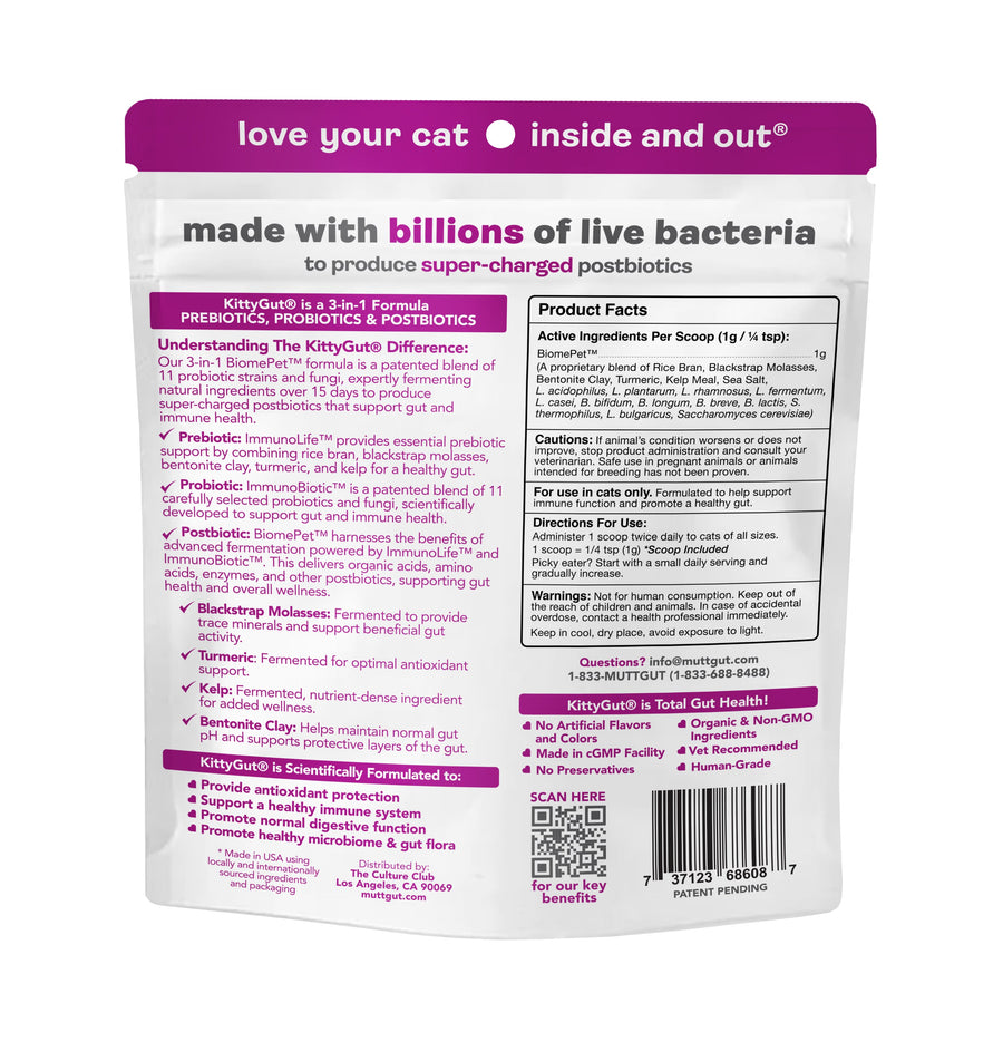 Kitty Gut Premium All-Natural Cat Digestive & Immune Support Supplement back of bag. 