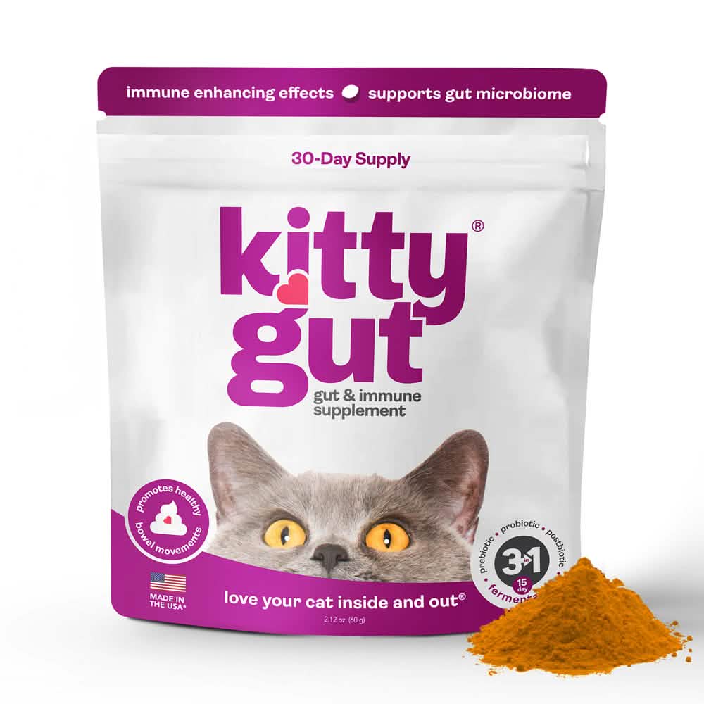 Kitty Gut Premium All-Natural Cat Digestive & Immune Support Supplement front of bag. 