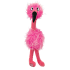 A pink plush flamingo dog toy from KONG, featuring a fluffy, feathery-textured body, long dangling legs, and an expressive face with large embroidered eyes. The toy has a black beak and a small KONG logo tag on one foot.