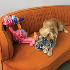 A golden retriever lounges on an orange velvet couch, gently biting a gray plush bird toy with shaggy fur. Next to the dog, a pink and blue plush flamingo toy from KONG with fluffy textures and dangling legs rests against the couch’s armrest.