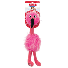 A pink plush flamingo dog toy featuring a fluffy, feathery-textured body, long dangling legs, and an expressive face with large embroidered eyes. The toy has a black beak and a small KONG logo tag on one foot. The toy is displayed in its original packaging, which includes a red and white KONG Comfort label.