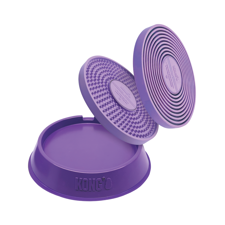 3 Parts of Kong Licks Spinz Dog Toy Purple cleans dogs’ tongues, promoting dental health and fresh breath. Non-skid base holds toy in place.