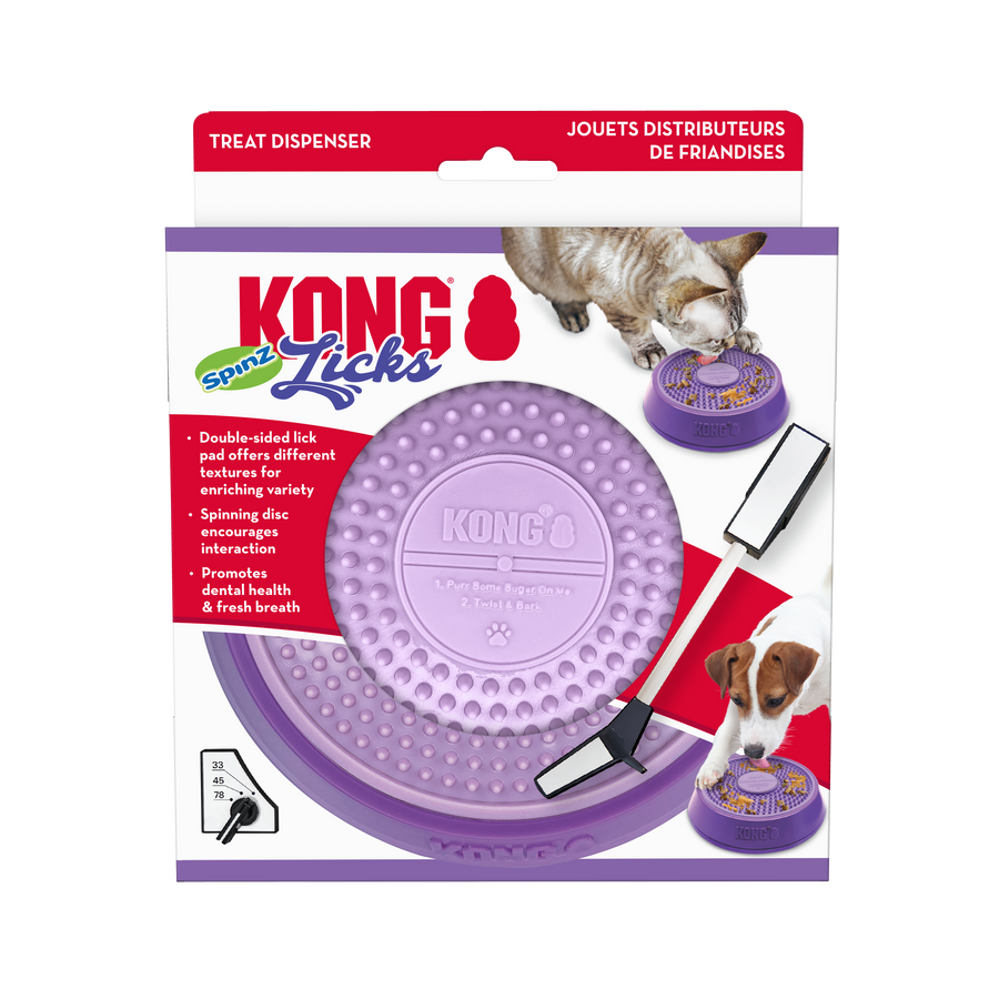 Front box packaging of Kong Licks Spinz Dog Toy Purple