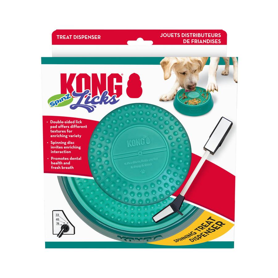 Front packaging of Kong Licks Spinz Dog Toy Teal