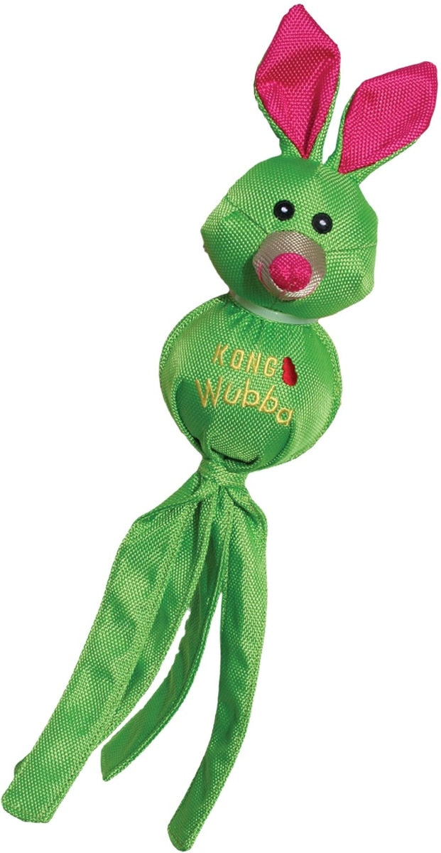 Green dog toy with pink ears on a white background