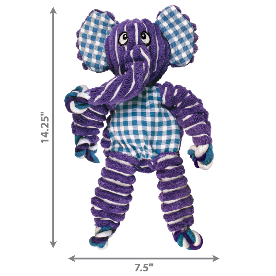 A large KONG Floppy Knots Elephant Dog Toy measuring 14.25 inches in height and 7.5 inches in width. The toy is a plush purple elephant with blue and white gingham-patterned fabric on its belly and ears. It has ribbed plush limbs with internal knotted rope details. The elephant's trunk is curved, and its arms and legs are designed for interactive play.