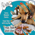 Lazy Dog Cookie Company Happy Adoptiversary Pup-Pie Dog Treat, a brown dog resting in front of the pup-pie, which is sliced and has a birthday candle in it