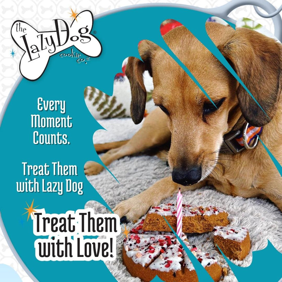 Lazy Dog Cookie Company Happy Adoptiversary Pup-Pie Dog Treat, a brown dog resting in front of the pup-pie, which is sliced and has a birthday candle in it