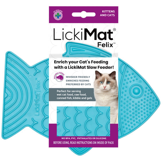 Front of LickiMat Felix Slow Feeder Cat Food Bowl Blue Tray