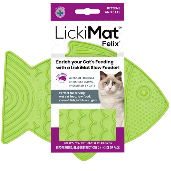 Front of LickiMat Felix Slow Feeder Cat Food Bowl Green Tray Package