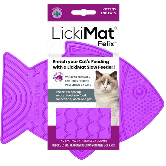 Front of LickiMat Felix Slow Feeder Cat Food Bowl Purple Tray Package