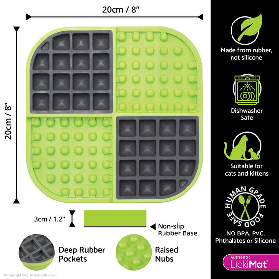 LickiMat Slomo Green and Black Cat Slow Feeder with dimensions and key features