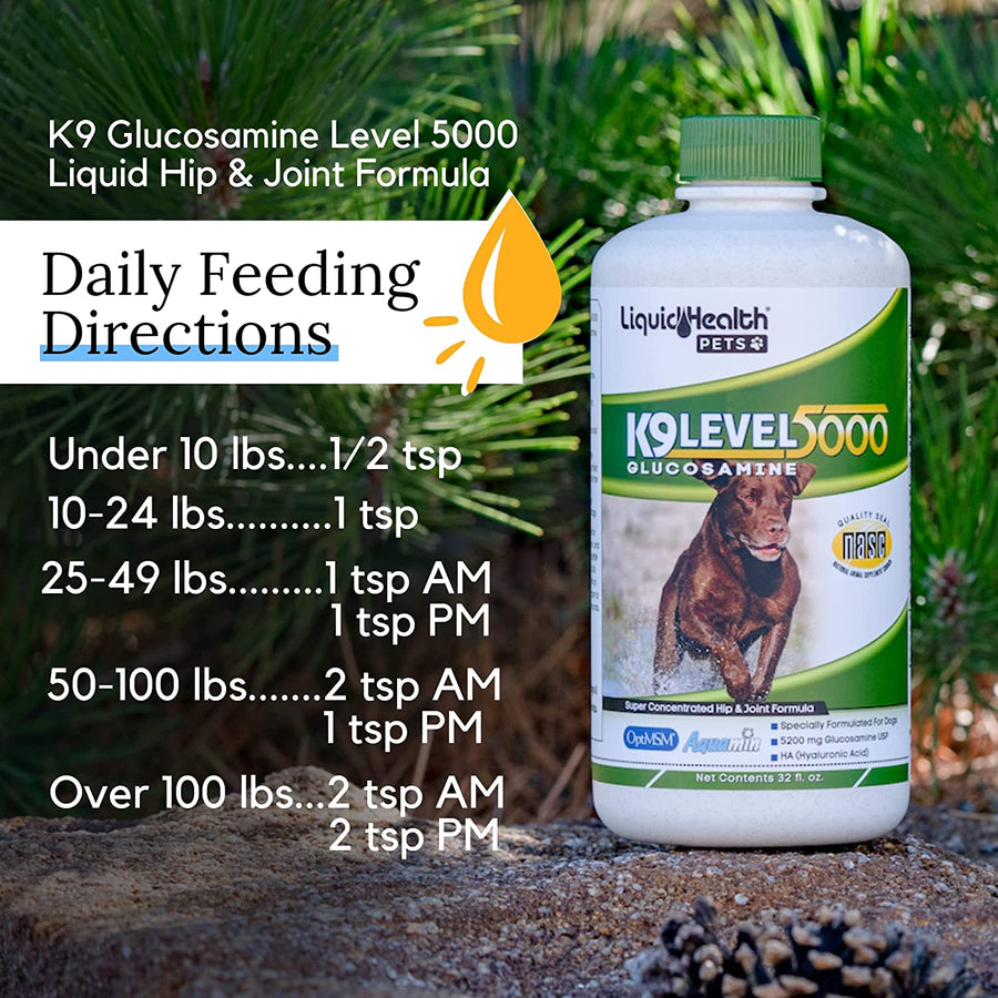 Feeding Guidelines for Liquid Health K9 Level 5000 Glucosamine.