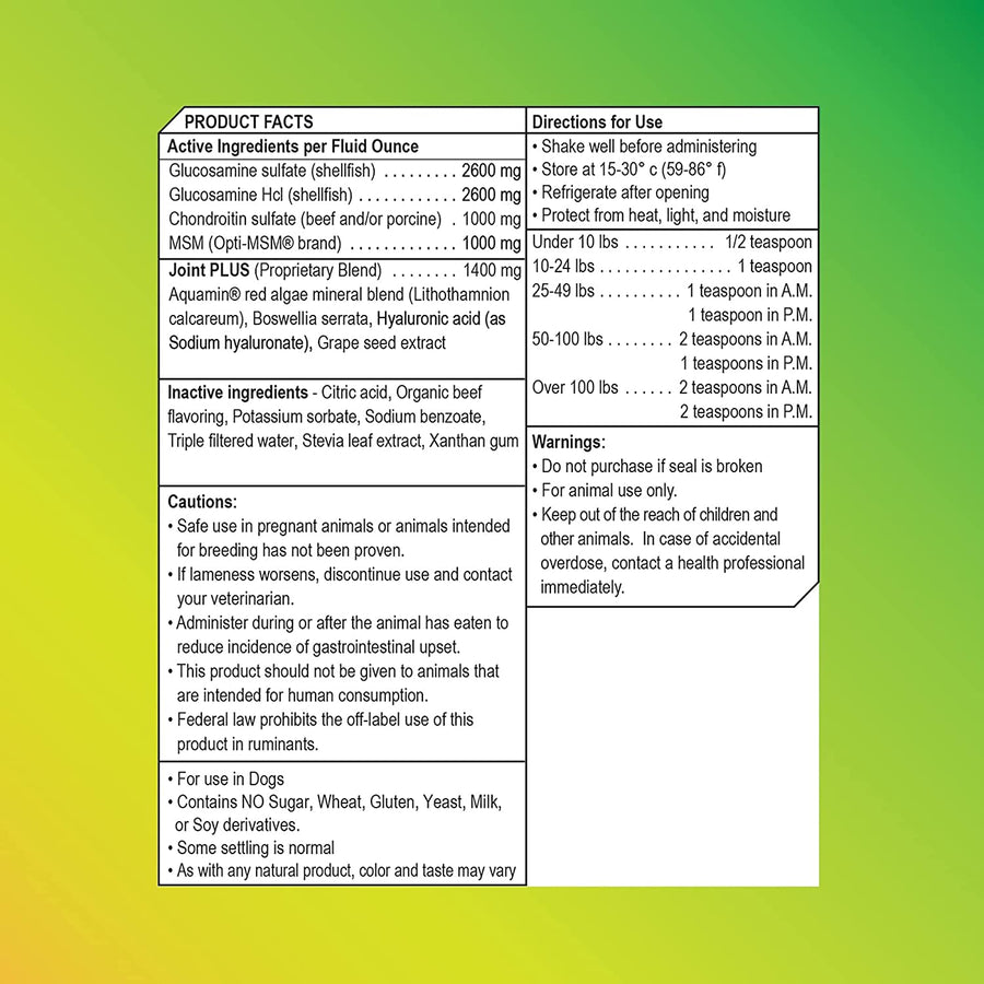 Liquid Health K9 Level 5000 Glucosamine product facts.
