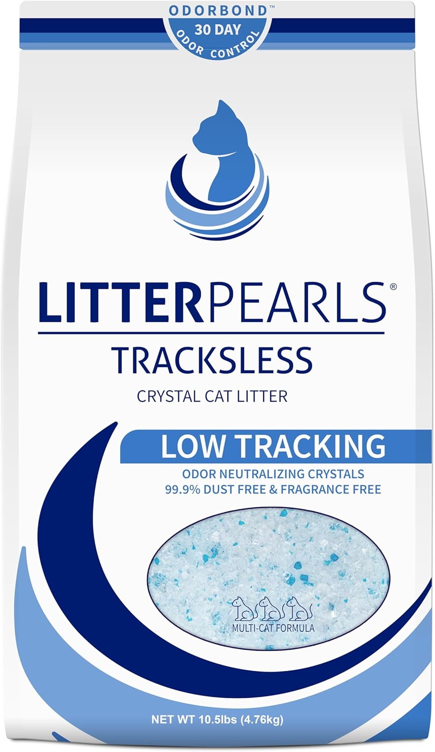 Front panel of product bag. Litter Pearls Tracksless Crystal Cat Litter. Low tracking. Odor neutralizing crystals. 99.9% Dust free and fragrance free. Multi-Cat formula. Net weight 10.5poundss. 4.76 kilograms.
