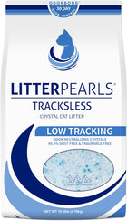 Front panel of product bag. Litter Pearls Tracksless Crystal Cat Litter. Low tracking. Odor neutralizing crystals. 99.9% Dust free and fragrance free. Multi-Cat formula. Net weight 10.5poundss. 4.76 kilograms.