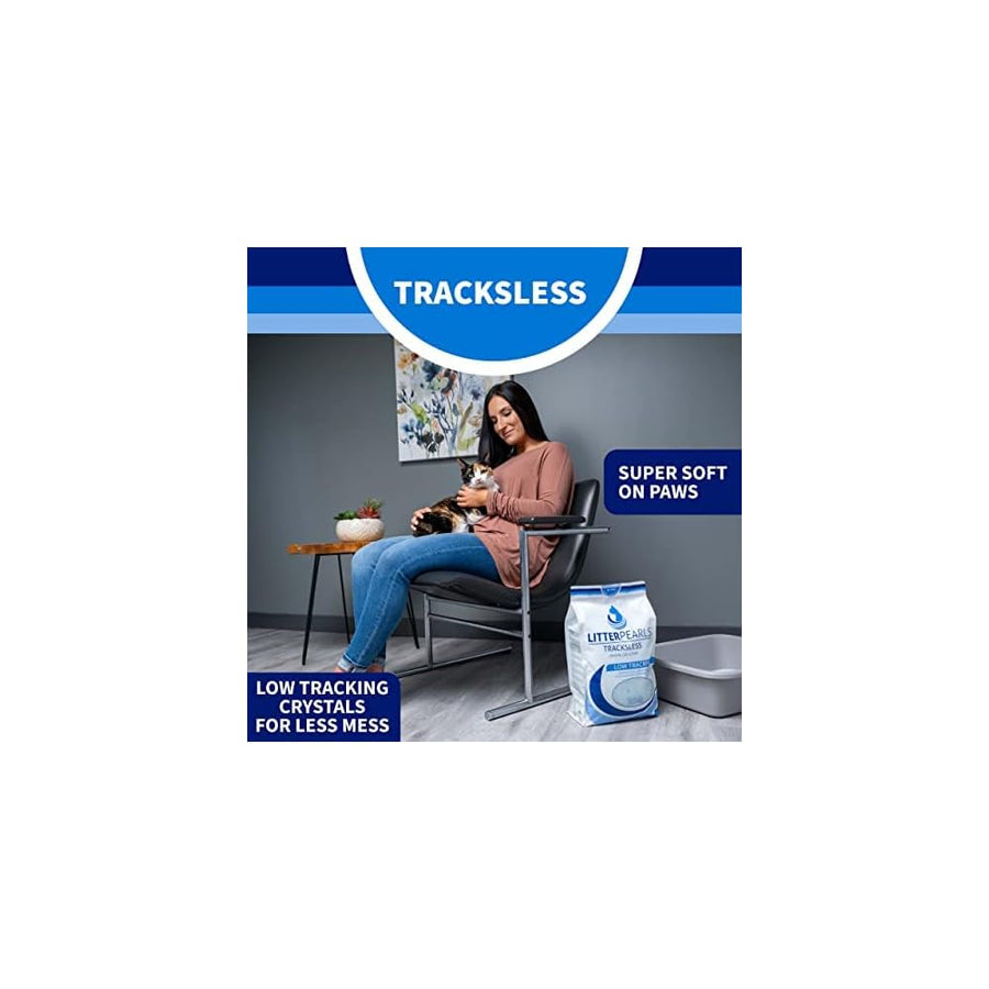 Tracksless. woman sitting in a chair with a calico cat on her lap. Super soft on paws. Low tracking crystals for less mess.