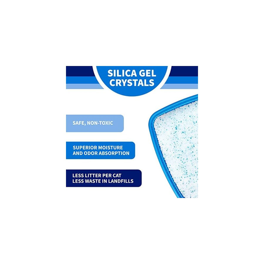 Silica gel crystals. Safe, non-toxic. Superior moisture and odor absorption. Less litter per cat, less waste in landfills. Top view of litter pan with white crystals with blue dots.