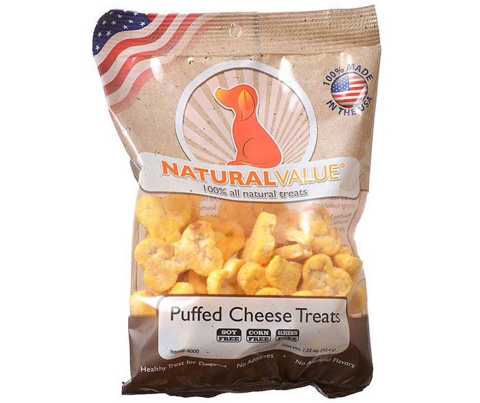Front bag of Loving Pets Cheese Puffed Dog Treats 