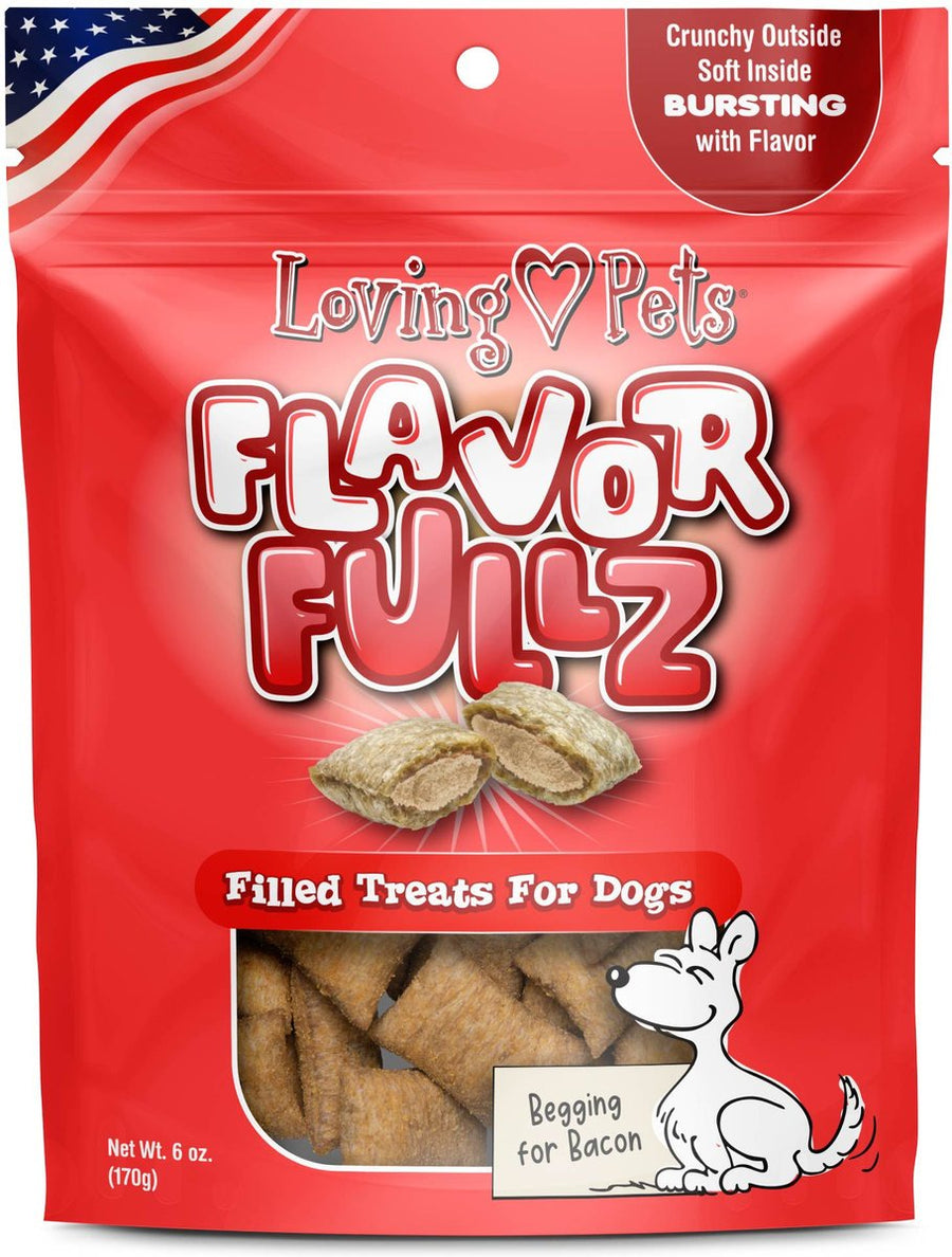 Front Pouch of Loving Pets Flavorfullz Bacon Filled Dog Treats 6oz