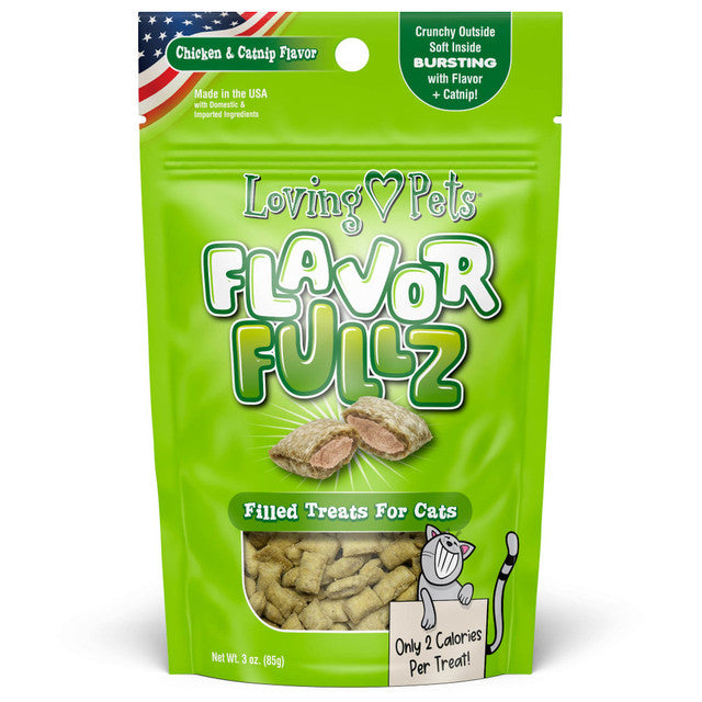 Front Pouch of Loving Pets Flavorfullz Chicken & Catnip Filled Cat Treats 3oz