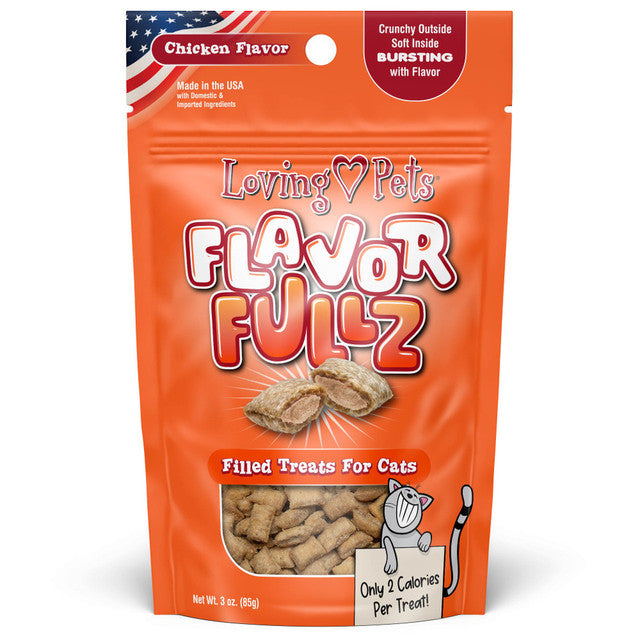 Front Pouch of Loving Pets Flavorfullz Chicken Filled Cat Treats 3oz