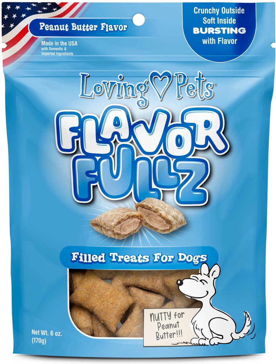 Front pouch of Loving Pets Flavorfullz Peanut Butter Filled Dog Treats 6oz