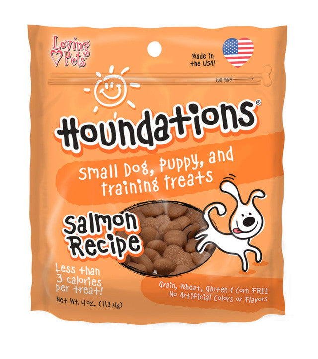 Front pouch of Loving Pets Houndations Grain Free Salmon Training Dog Treats 4oz