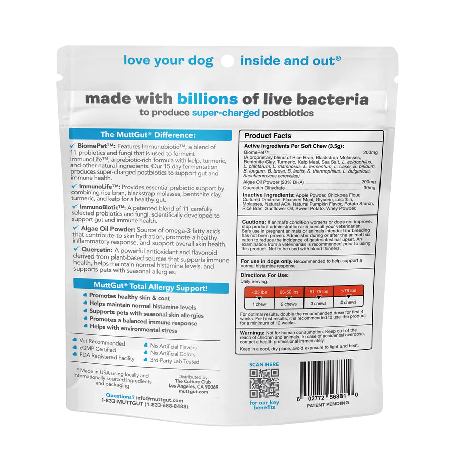 MuttGut Allergy & Immune functional Soft Chews for Dogs back of bag. 