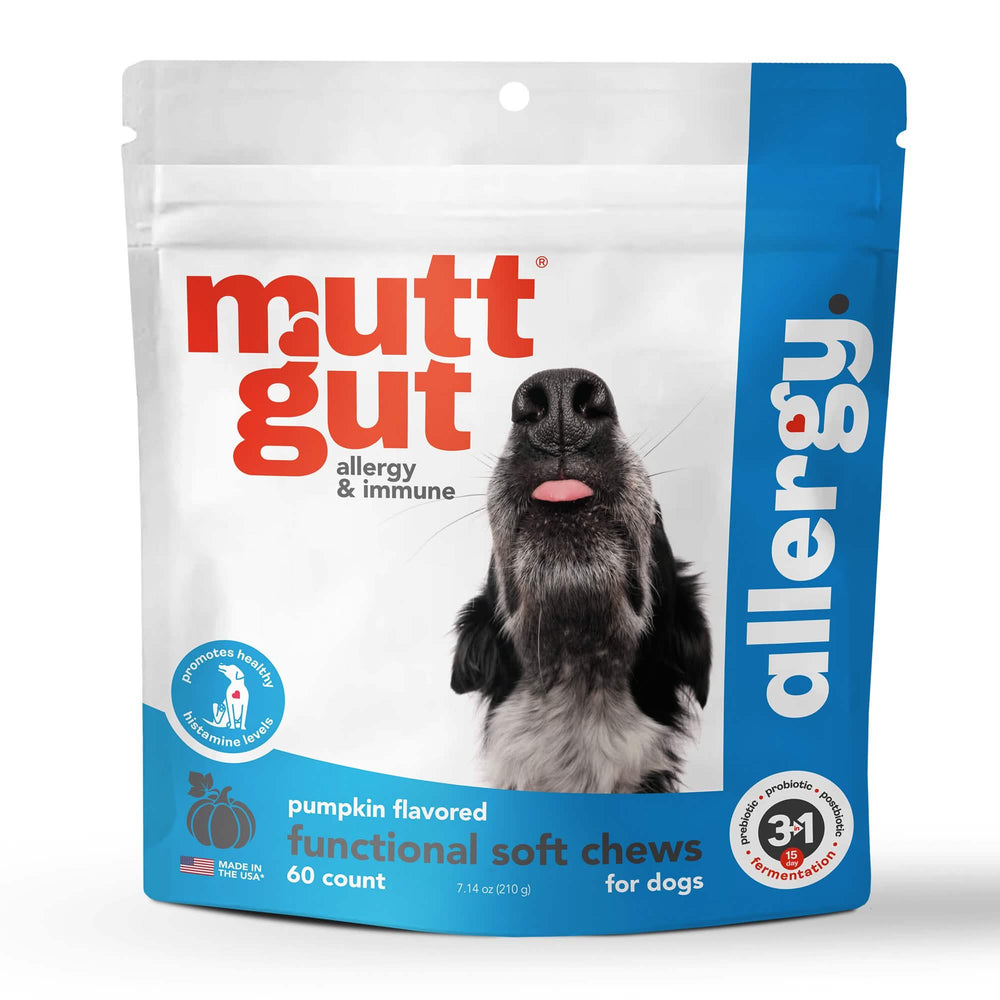 MuttGut Allergy & Immune functional Soft Chews for Dogs front of bag. 