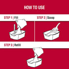 How to use: 1. Fill. 2. Scoop. 3. Refill. Drawing of box with litter poured in with a ruler. Litter box with scooper taking out clumps. Litter box with a bag pouring more litter in.