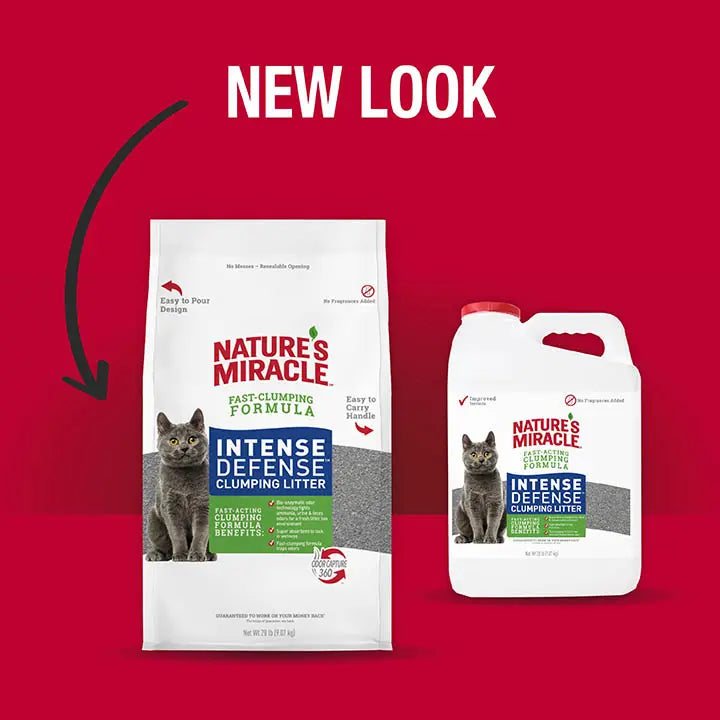 New look, arrow pointing to updated product packaging. Product container updated from tub to bag.