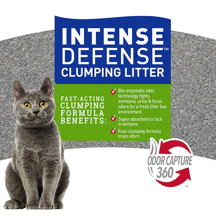Intense defense clumping litter. Fast-acting clumping formula benefits: 99% dust free. Bio-enzymatic odor technology fights ammonia, urine & feces odors for a fresh litter box environment. Super absorbent to lock in wetness. Fast-clumping formula traps odors. Odor capture 360. Grey coarse granules with a white background. A grey cat sitting in the foreground.