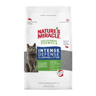 Front panel of product bag. Easy to pour design. Nature's miracle fast-clumping formula. Easy to carry handle, arrow pointing to the right side of bag. Intense defense clumping litter. Fast-acting clumping formula benefits: Odor capture 360. Net weight 20 pounds. 9.07 kilograms.