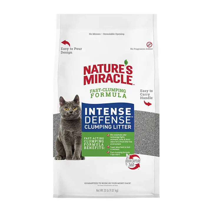 Front panel of product bag. Easy to pour design. Nature's miracle fast-clumping formula. Easy to carry handle, arrow pointing to the right side of bag. Intense defense clumping litter. Fast-acting clumping formula benefits: Odor capture 360. Net weight 20 pounds. 9.07 kilograms.