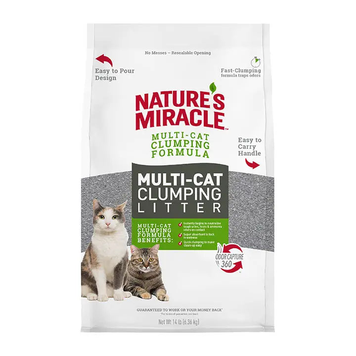 Front panel of product bag. Easy to pour design. Nature's miracle multi-cat clumping formula. Easy to carry handle, with arrow pointing to the right side of bag. Multi-cat clumping litter. odor capture 360. Net weight 14 pounds. 6.36 kilograms.