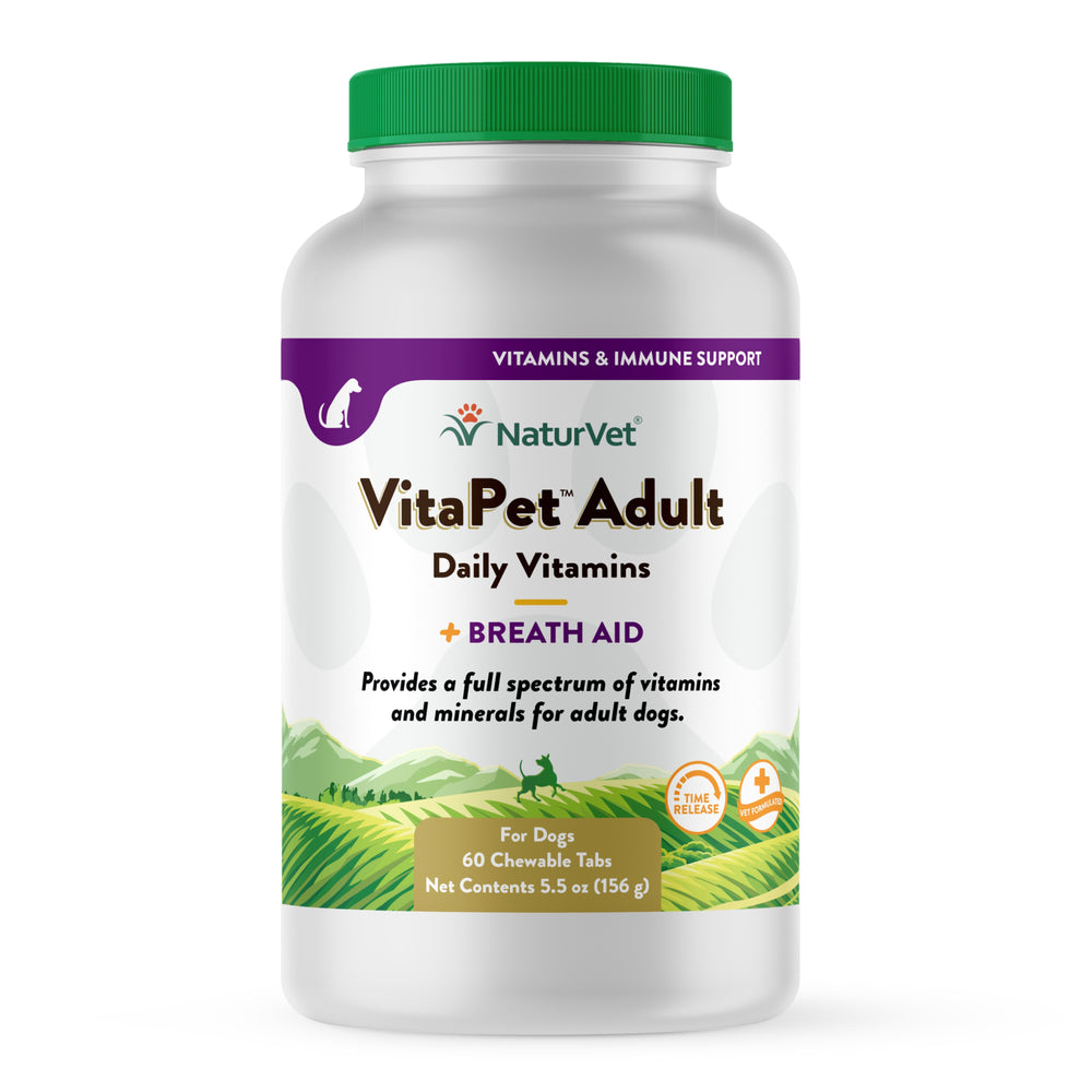 Front container of NaturVet VitaPet Adult Daily Vitamins Plus Breath Aid for Dogs, 60 ct Soft Chews 5.5oz