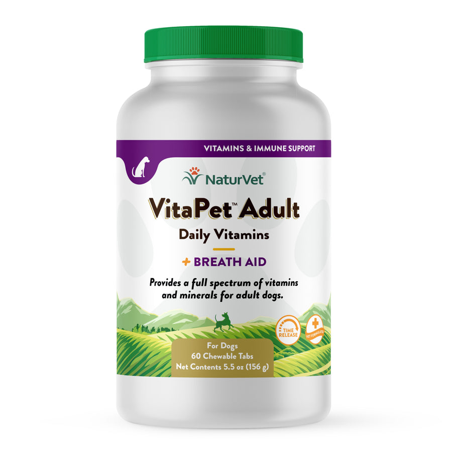 Front container of NaturVet VitaPet Adult Daily Vitamins Plus Breath Aid for Dogs, 60 ct Soft Chews 5.5oz