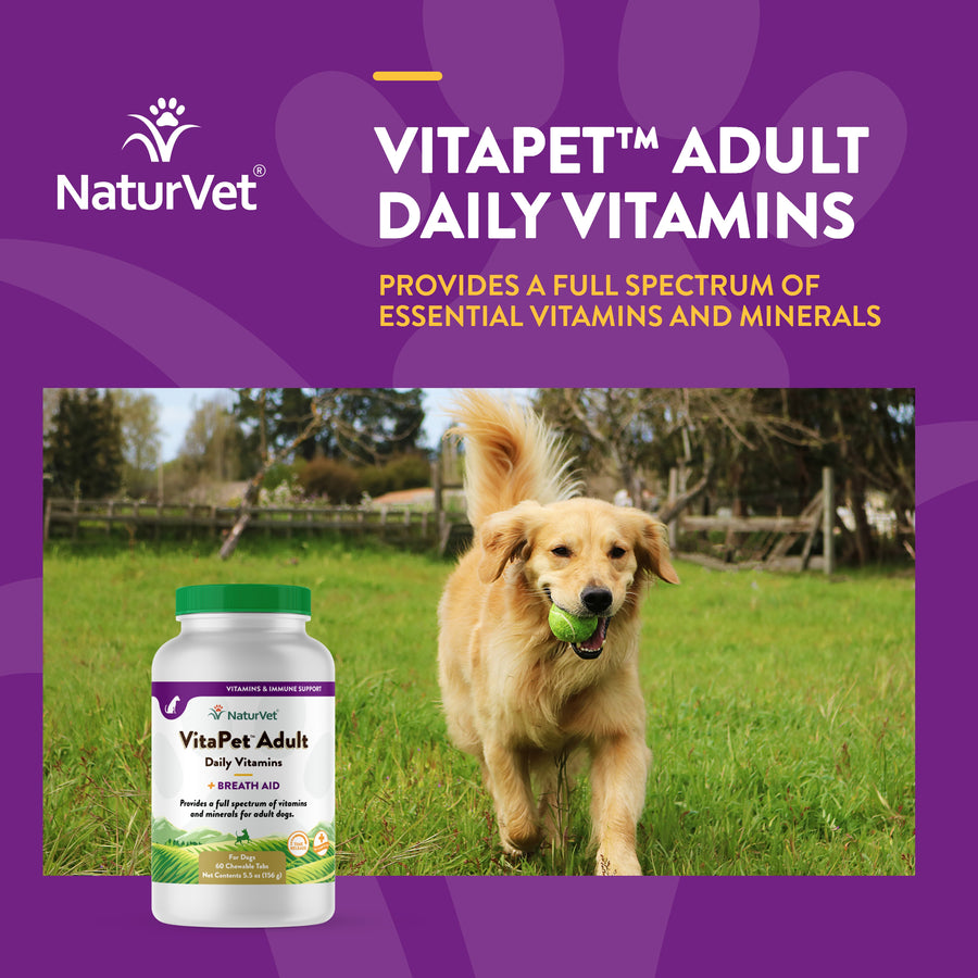 NaturVet VitaPet Adult Daily Vitamins Plus Breath Aid for Dogs, 60 ct Soft Chews provides a full spectrum of vitamins and minerals