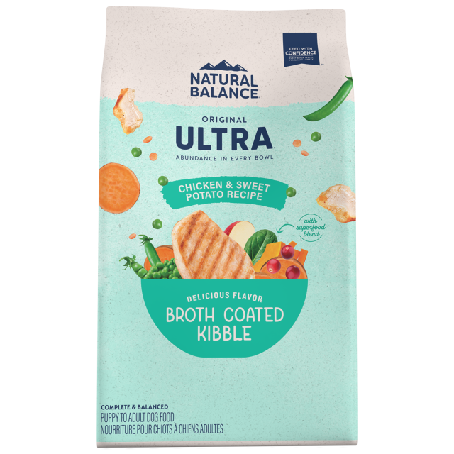 Package of Natural Balance Ultra dog food with chicken and sweet potato recipe on a white background