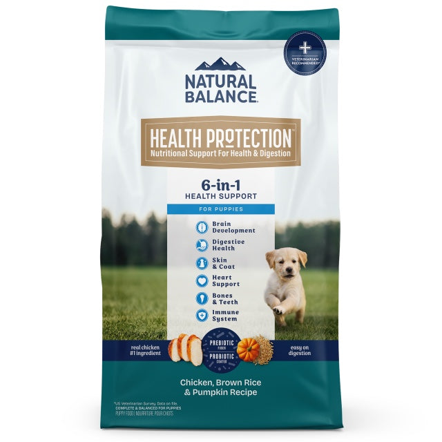 Natural Balance Health Protection Puppy Chicken, Brown Rice & Pumpkin Dry Puppy Food front of bag.