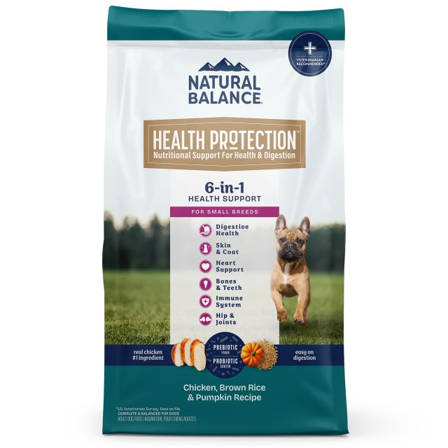 Natural Balance Health Protection Small Breed Chicken, Brown Rice & Pumpkin Dry Dog Food front of bag.