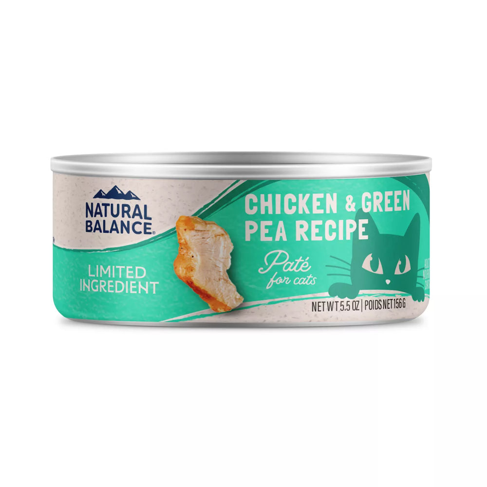 Front can of Natural Balance Limited Ingredient Chicken & Green Pea Recipe Cat Wet 5.5oz