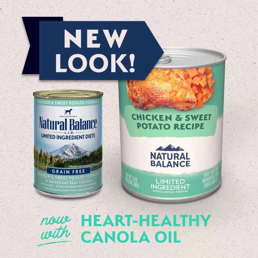 New look of Natural Balance Limited Ingredient Grain Free Chicken & Sweet Potato Recipe Dog Wet 13oz now with heart-healthy canola oil