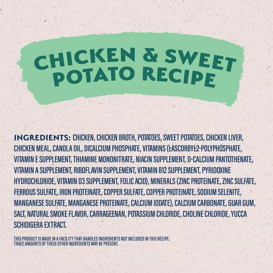 Ingredients label for Natural Balance Limited Ingredient Grain Free Chicken & Sweet Potato Recipe Dog Wet