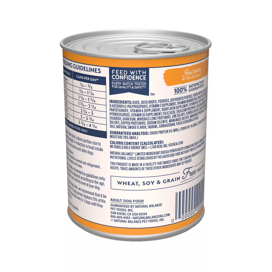 Back can of Natural Balance Limited Ingredient Grain Free Duck & Potato Recipe Dog Wet 13oz