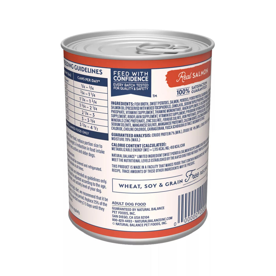 Back can of Natural Balance Limited Ingredient Grain Free Sweet Potato & Salmon Recipe Dog Wet 13oz 