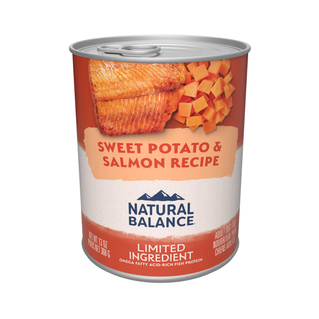 Front can of Natural Balance Limited Ingredient Grain Free Sweet Potato & Salmon Recipe Dog Wet 13oz 