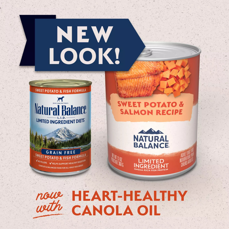 New Look for Natural Balance Limited Ingredient Grain Free Sweet Potato & Salmon Recipe Dog Wet 13oz now with Heart-Healthy Canola Oil