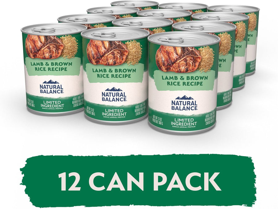 12 can pack of Natural Balance Limited Ingredient Lamb & Brown Rice Recipe Wet Dog Food